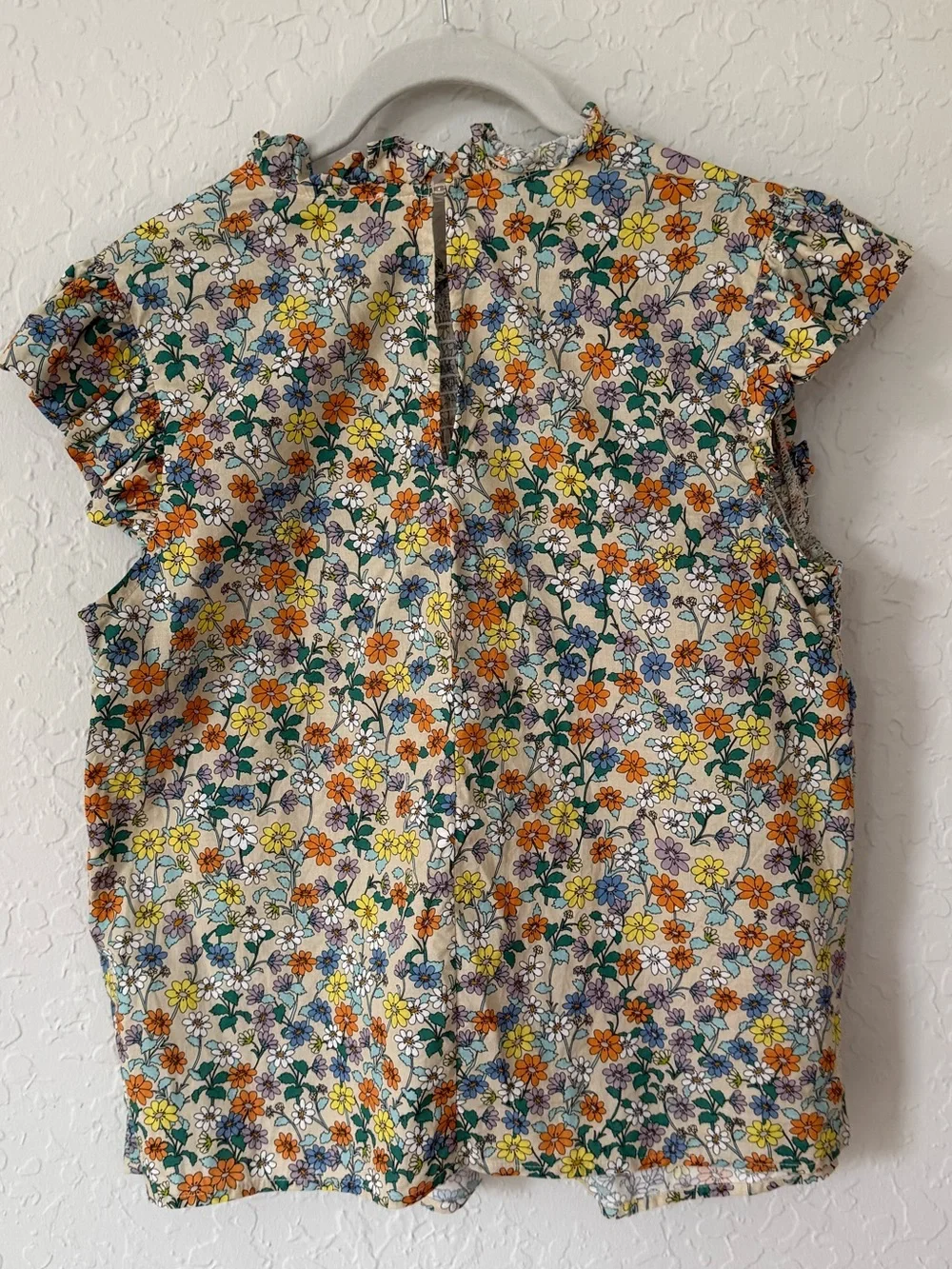 moodie Floral Smocked Ruffle Sleeve Top - Cream, Green, Orange, Blue Size Medium